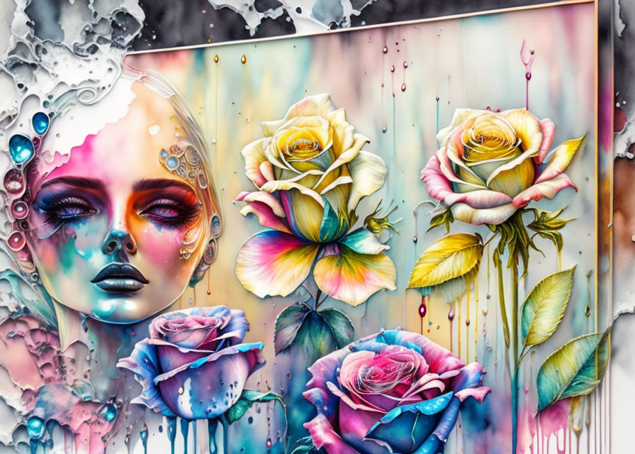 Colorful artwork: Female face merges with mechanical elements, surrounded by roses and abstract patterns.