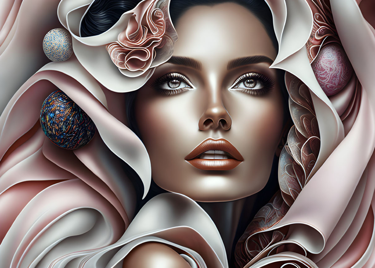 Intricate floral patterns adorn woman's face in digital art