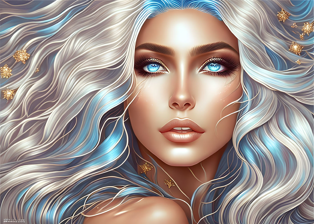 Portrait of Woman with Blue Eyes, Silver Hair, and Gold Accents