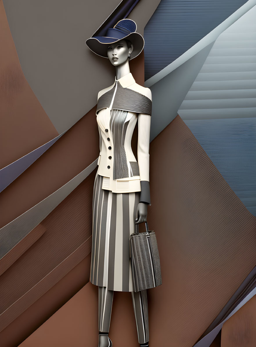 Chic woman in striped outfit with hat and briefcase on abstract background