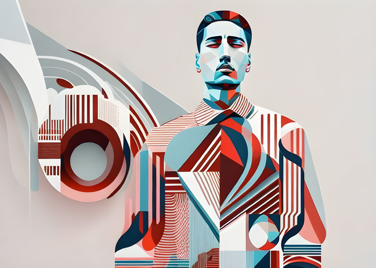 Stylized male figure with red, white, teal geometric patterns