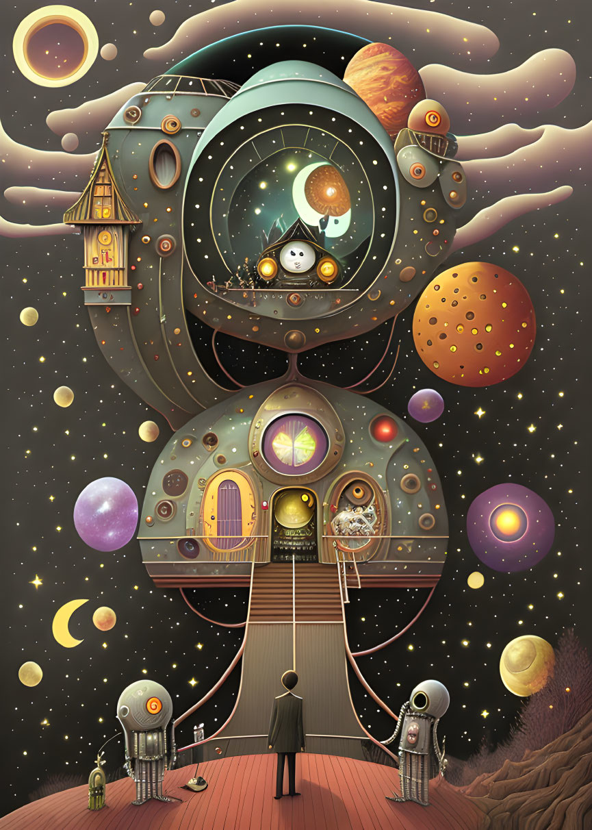 Illustration of cosmic house with planets, stars, astronaut, and robots.