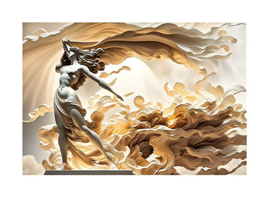 Abstract artwork: Woman with flowing hair and drapery merging with golden swirls