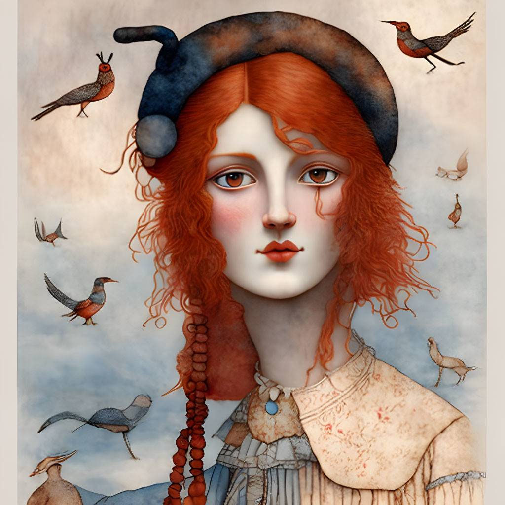 Red-haired woman with birds in vintage dress and bird hat