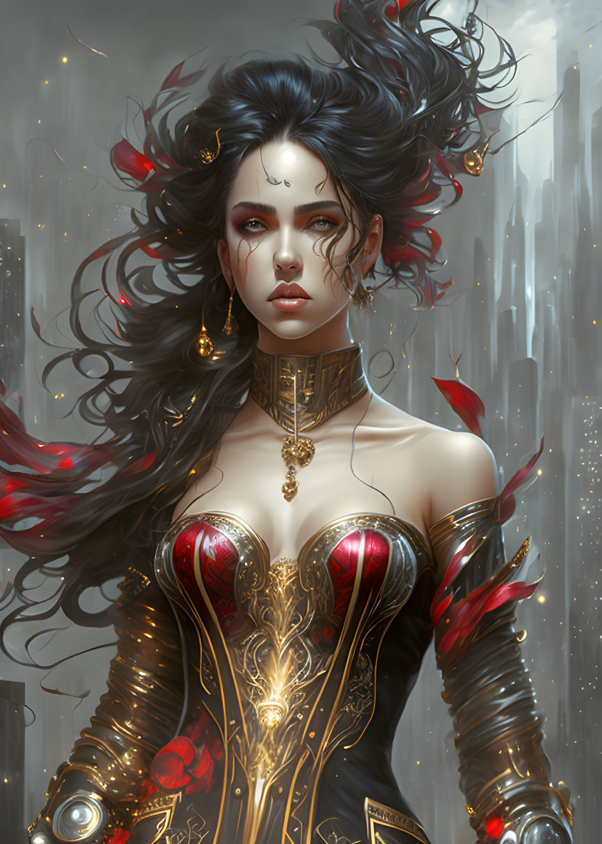 Detailed fantasy armor woman illustration in red and gold against futuristic cityscape