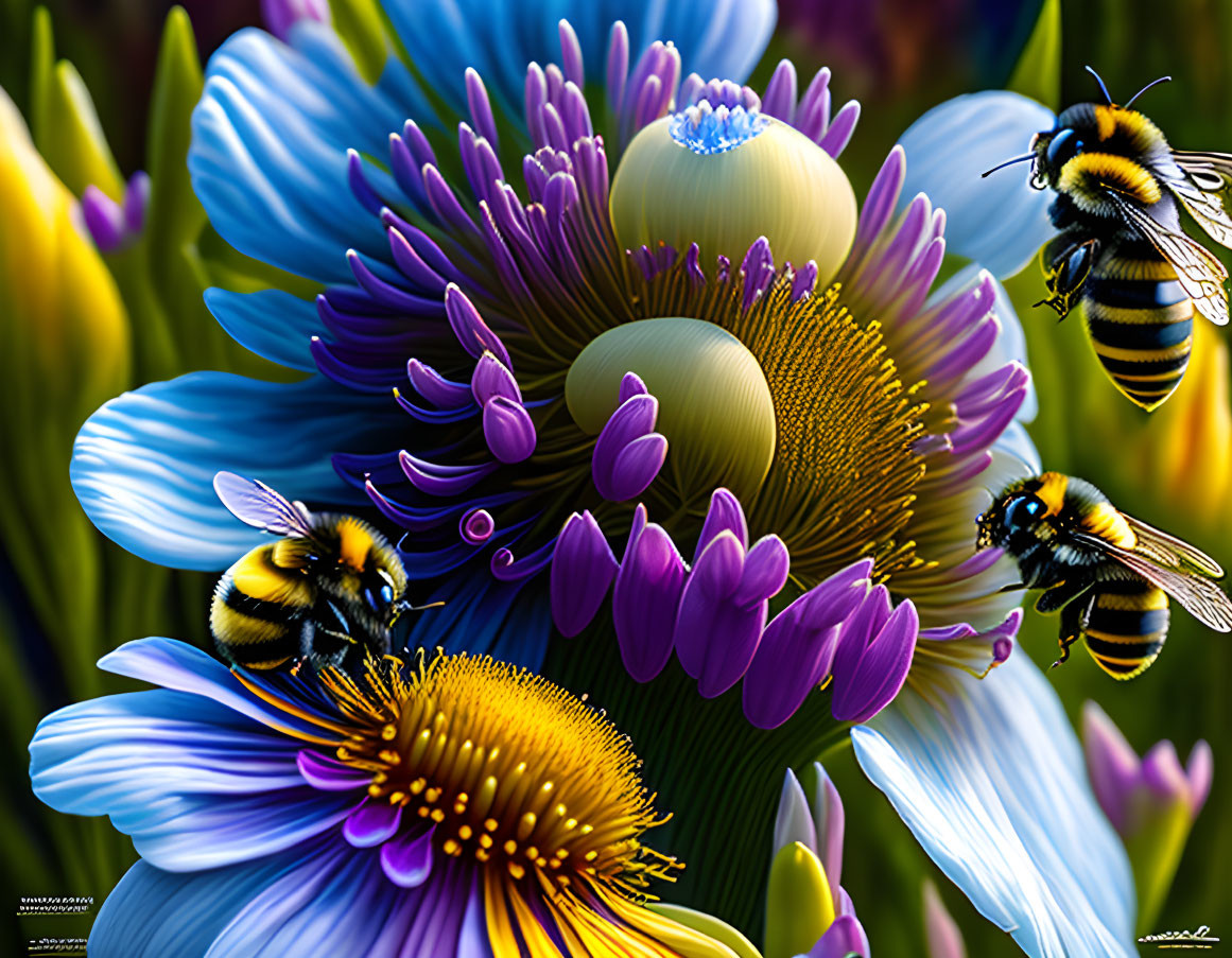 Colorful digital artwork: Bees and flowers in vibrant detail