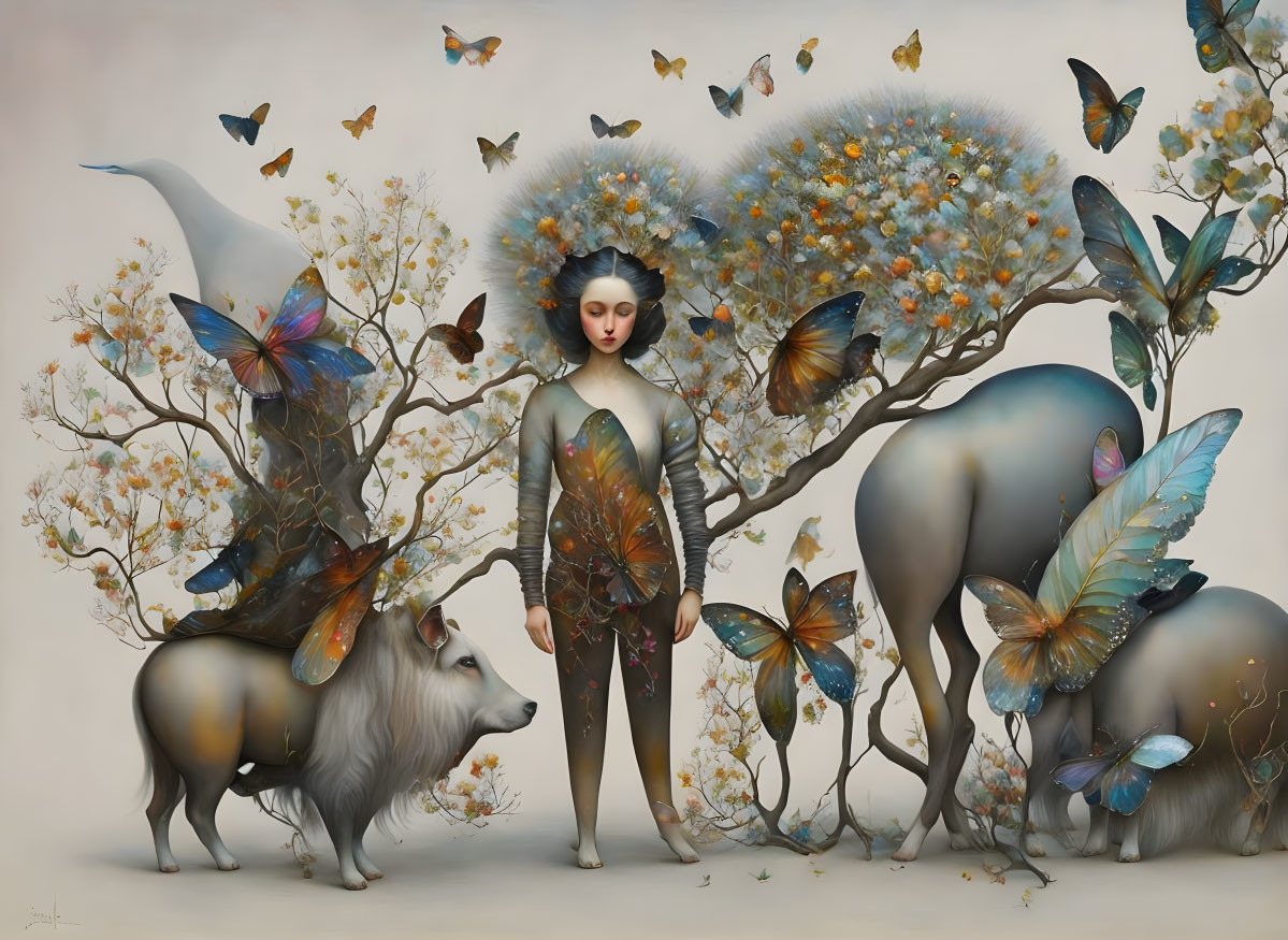 Surreal painting: woman with butterfly wings, animals with tree-like features, butterflies on beige backdrop