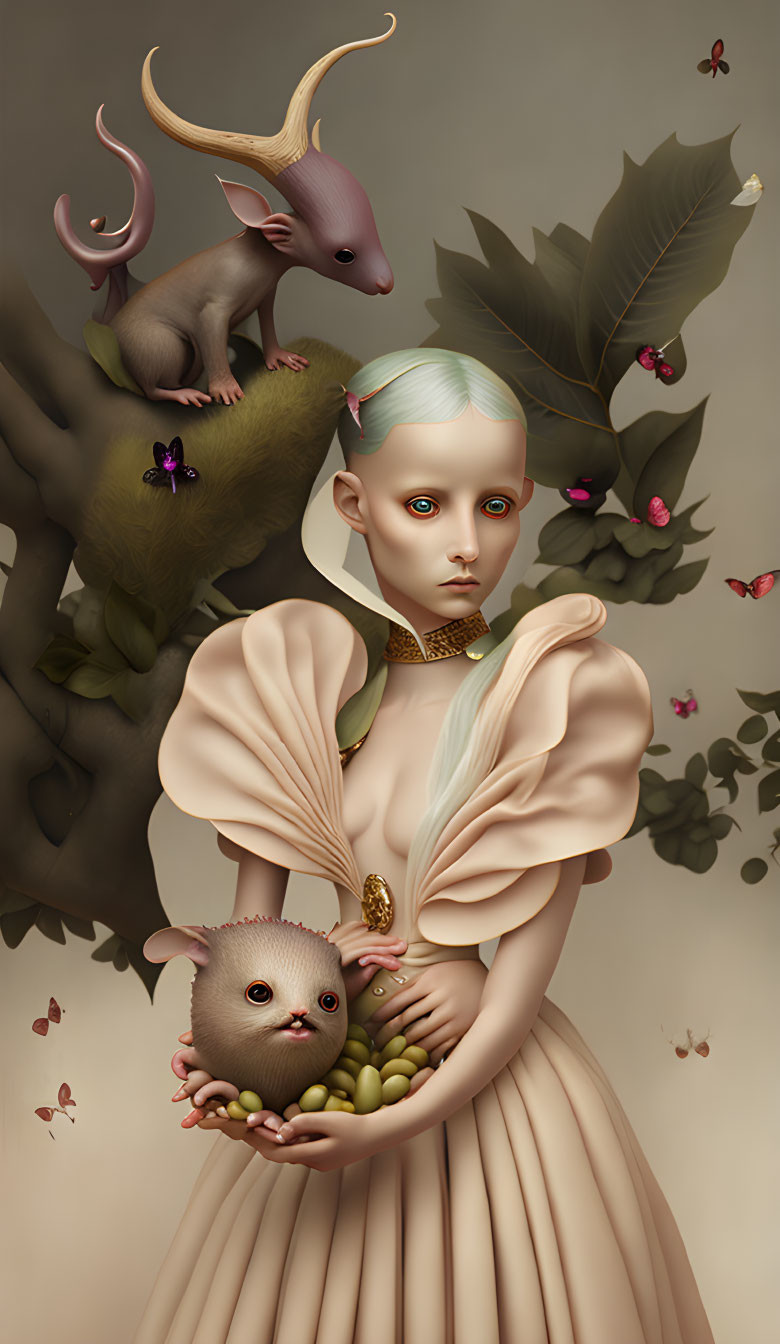 Surreal portrait of pale woman with unique attire holding bizarre creature