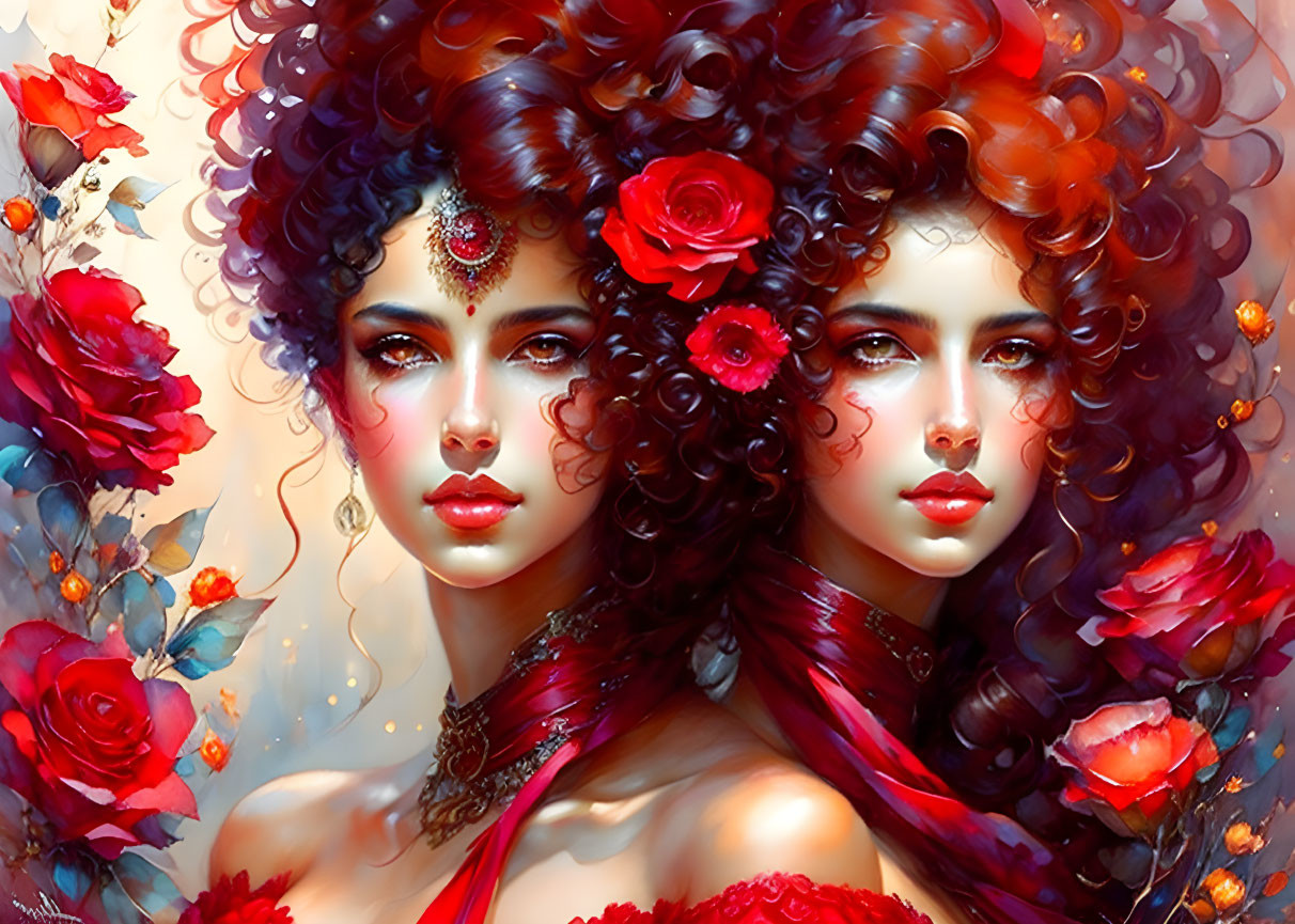 Digital Artwork: Two Women with Curly Red Hair and Roses