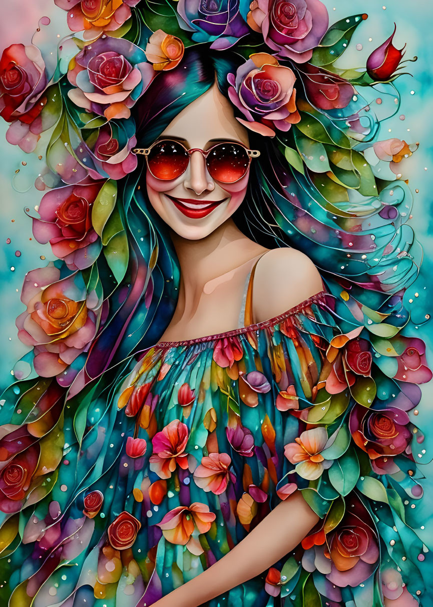 Colorful hair woman with flower hair accessories and heart sunglasses on teal background