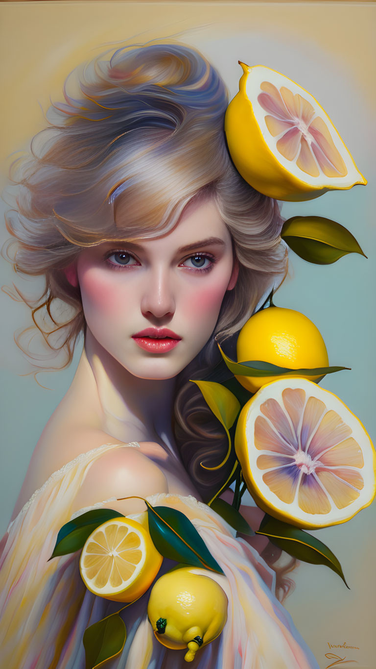 Stylized portrait of woman with lemons on warm backdrop