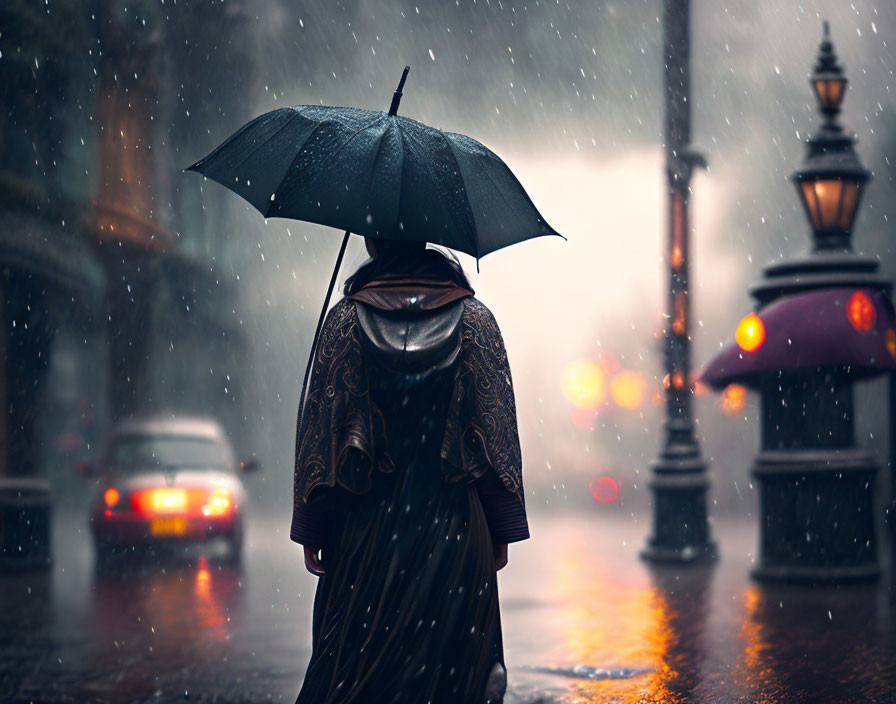 Person in cloak with umbrella on wet street in rain with glowing streetlights.