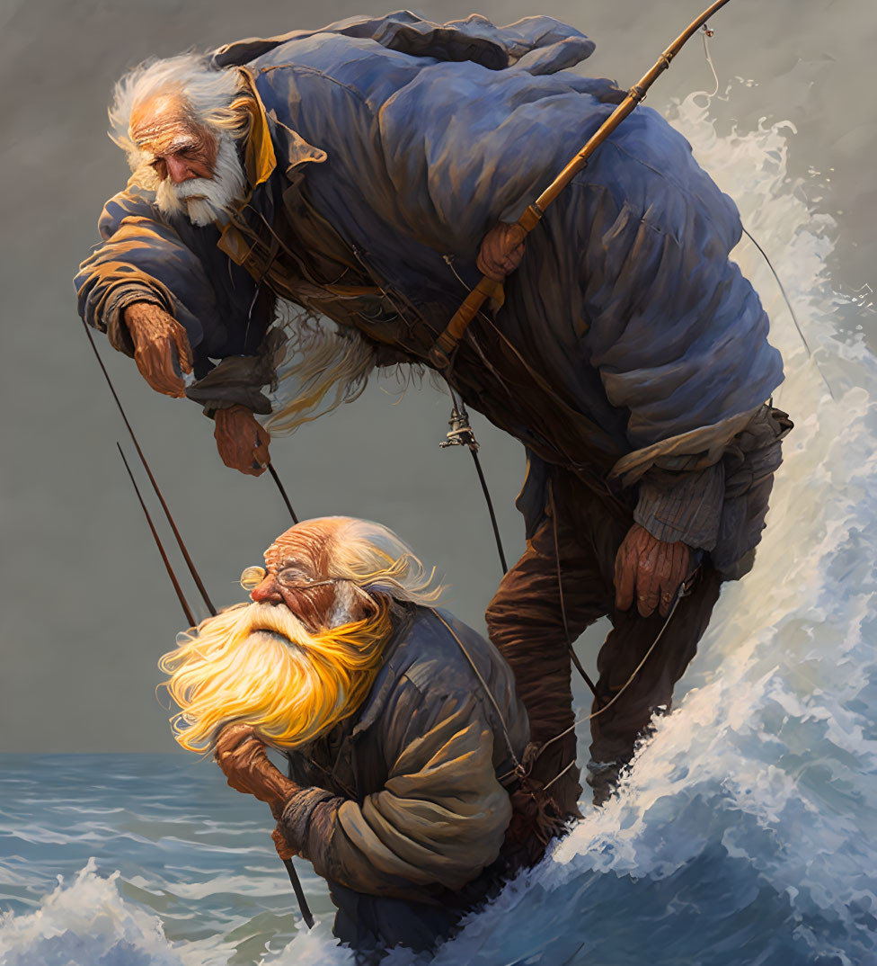 Elderly fishermen with long beards in stormy sea scene