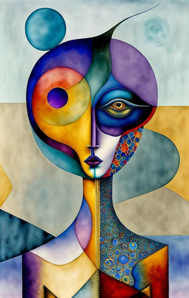 Colorful Abstract Artwork: Stylized Figure with Celestial Faces