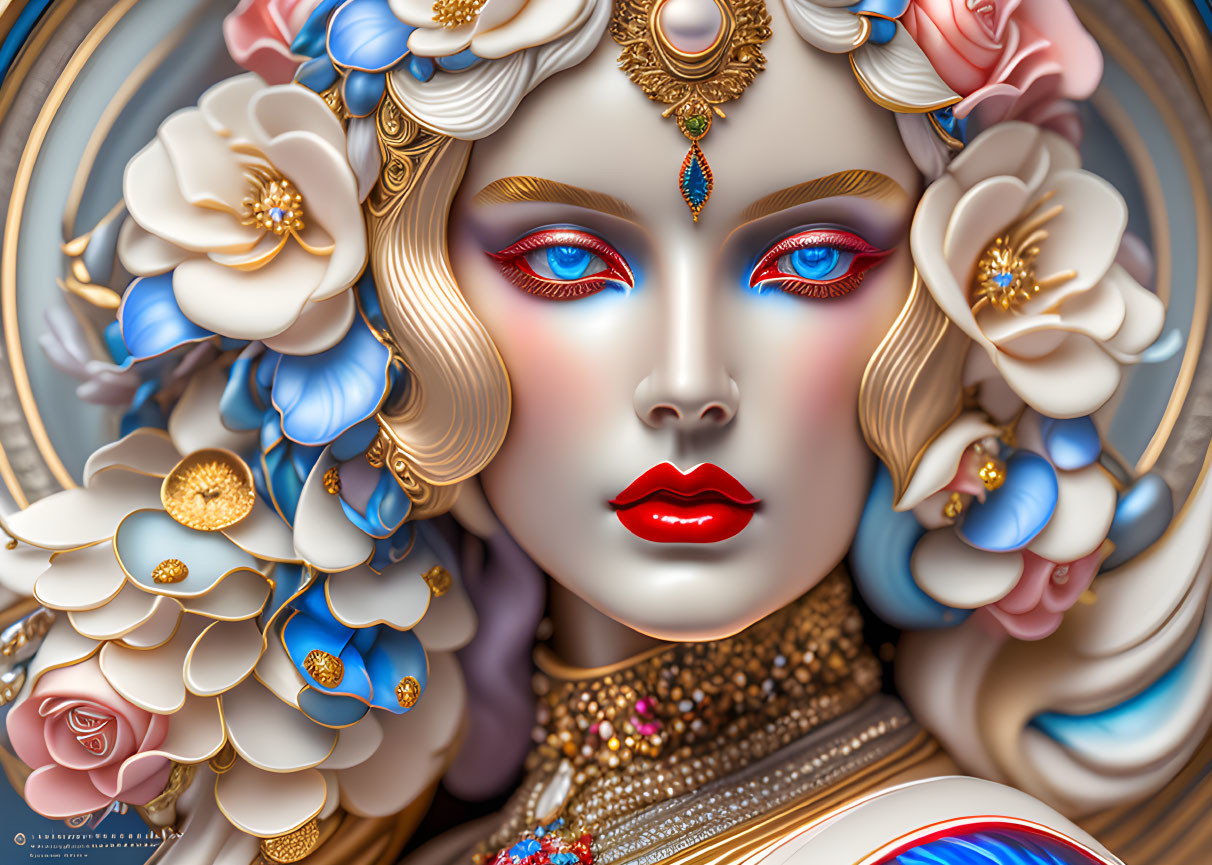 Detailed digital artwork: Woman with vibrant blue eyes, floral elements, ornate jewelry.