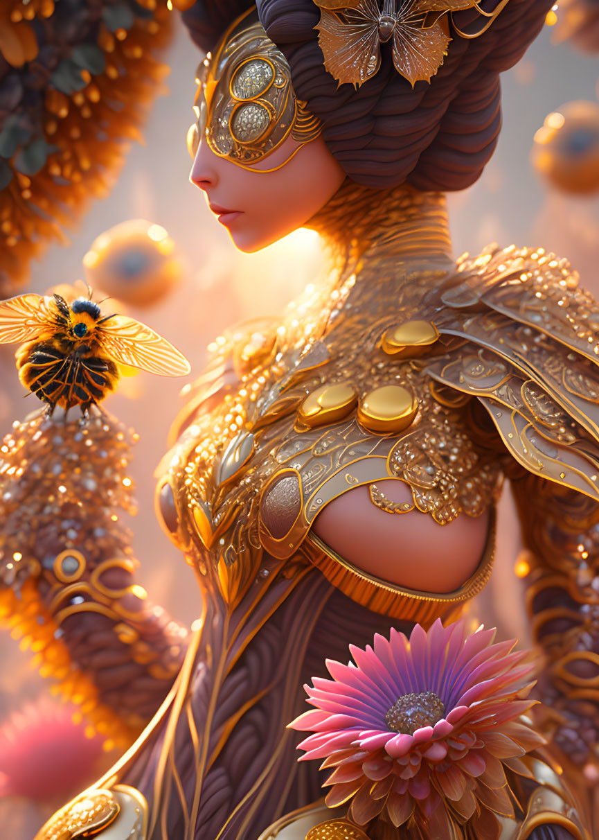 Woman in Golden Armor with Floral and Bee Motifs on Soft Background