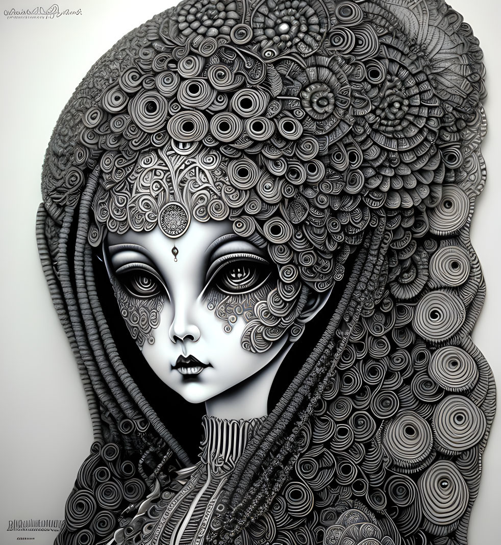 Stylized female figure with expressive eyes and floral patterns.