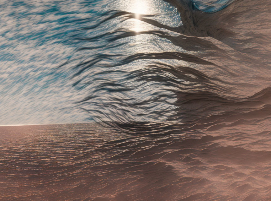 Surreal landscape with undulating reddish-brown terrain under a blue sky.