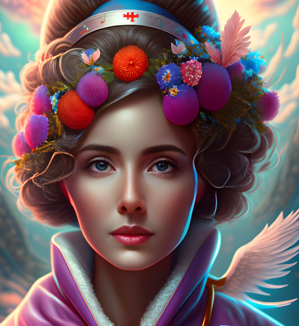 Digital portrait of woman with fruit and flower headpiece, winged shoulders, and pastel robe blending