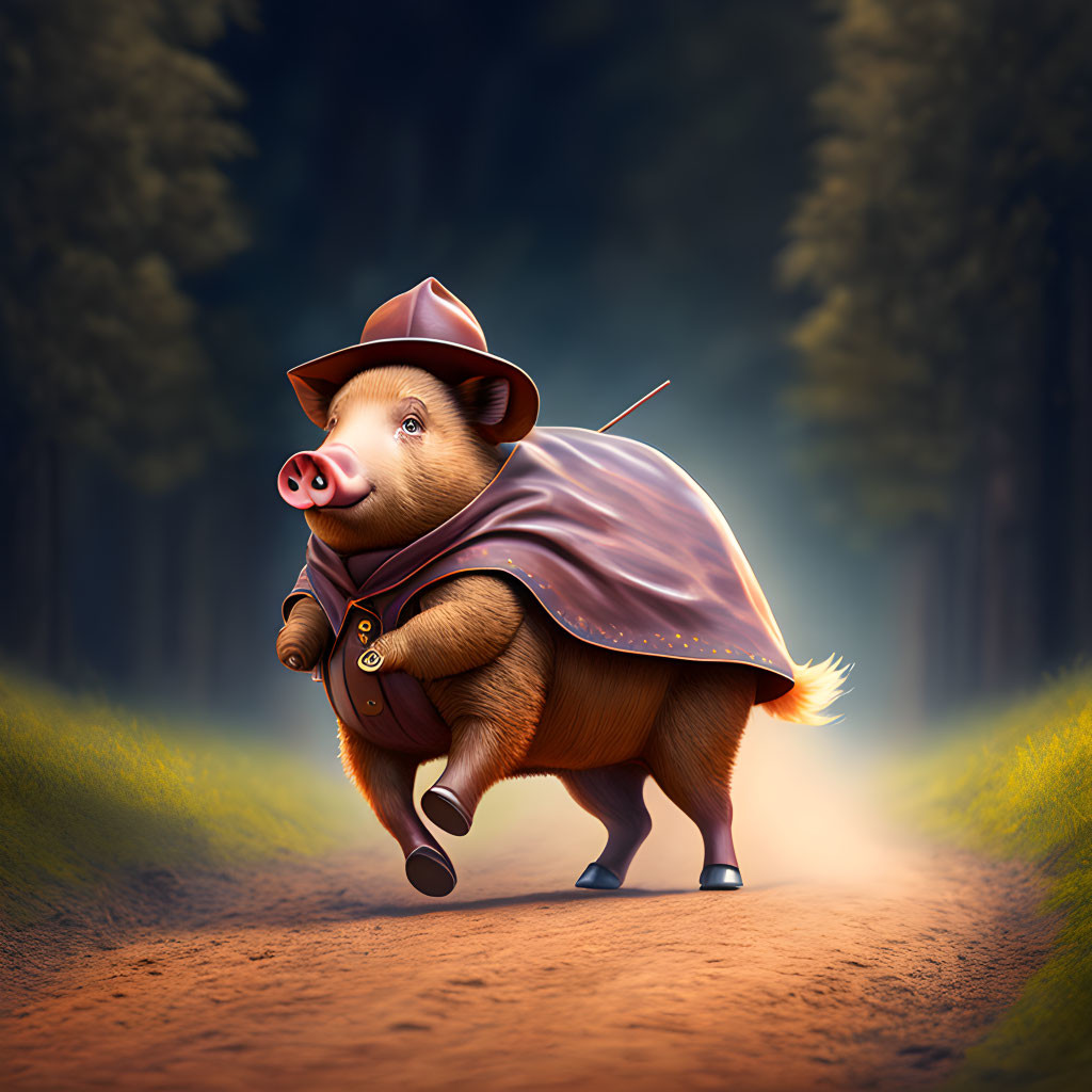 Detective Pig Walking in Forest with Determined Expression