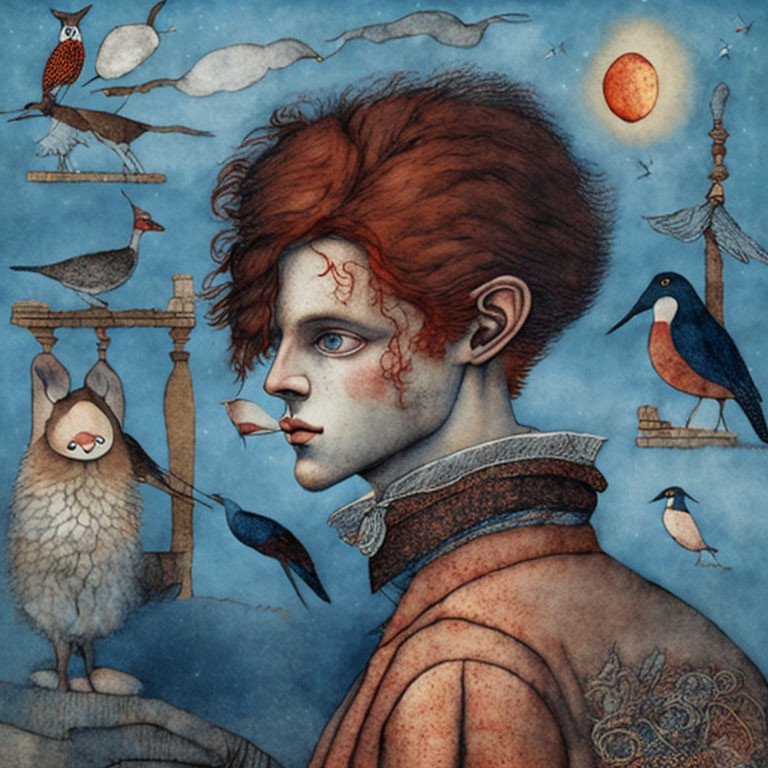 Illustration of red-haired person with birds and rabbit on blue celestial background