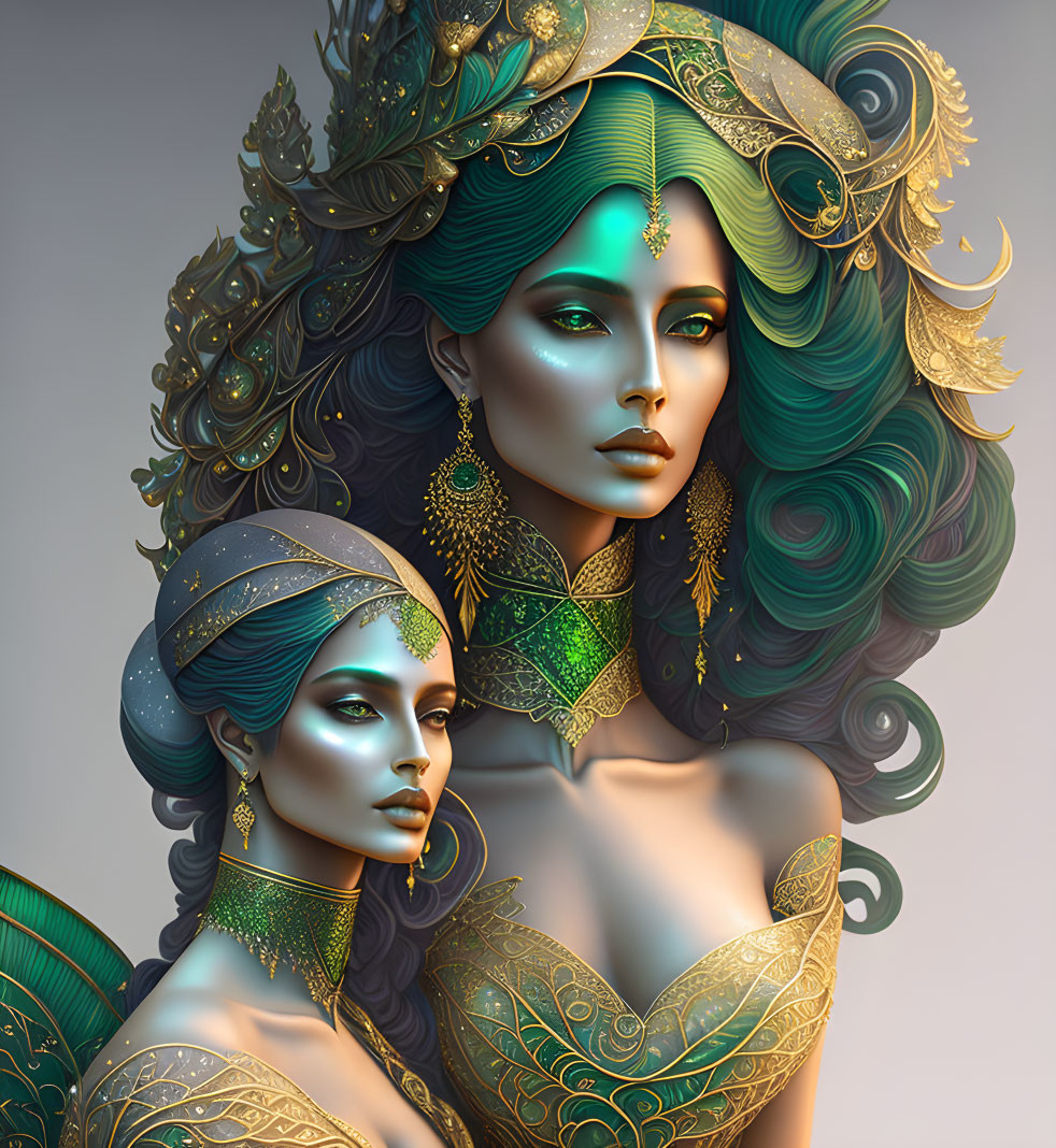 Stylized women in ornate green and gold headdresses and jewelry