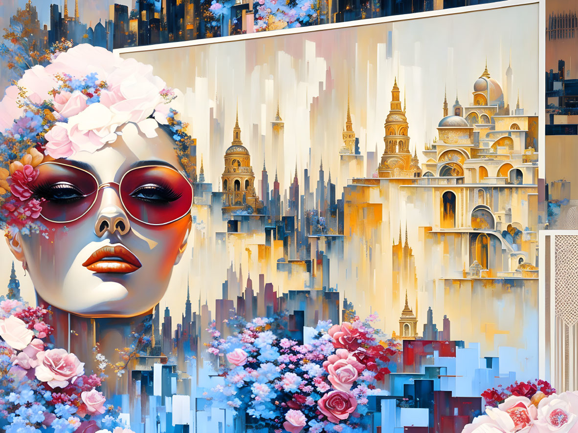 Illustration of woman with floral hair and sunglasses against ornate buildings.