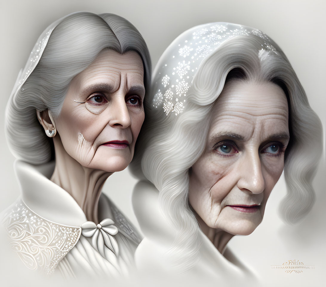 Elderly women digital portrait with silver hair and pearl earrings