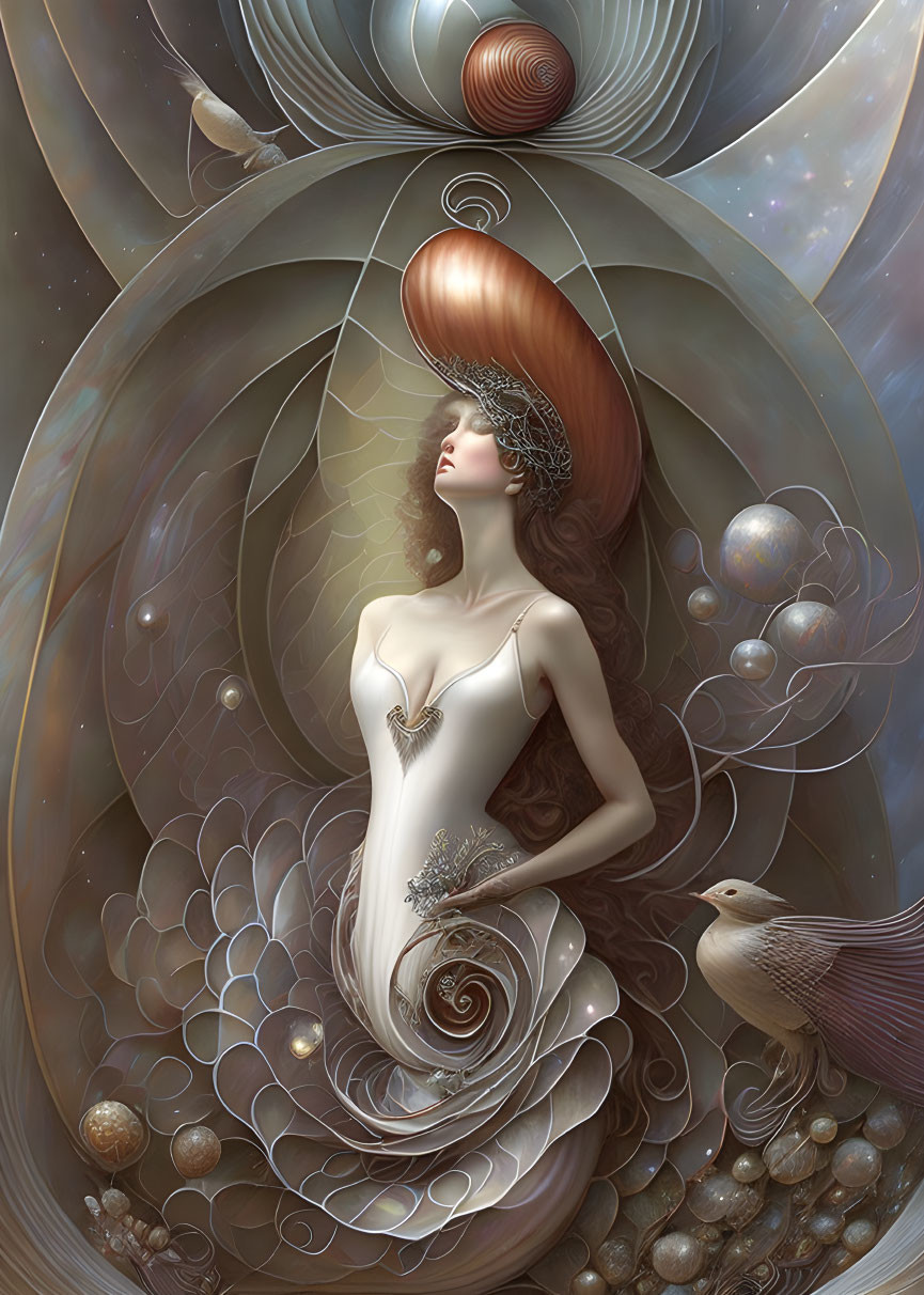 Surreal artwork: woman with flowing hair, cosmic elements, planets, bird, and shell spiral