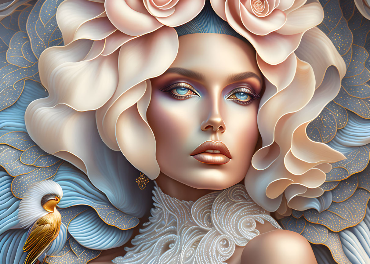 Detailed Woman and Bird Artwork with Floral Elements in Soft Pastels