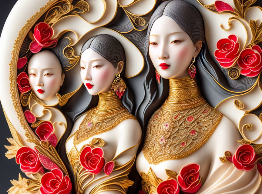 Stylized women with elaborate hairstyles and golden jewelry against swirling backdrop with red roses