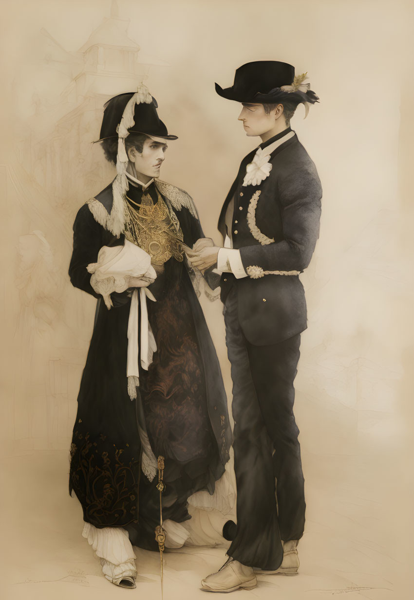 Two individuals in historical attire with hats holding accessories in sepia-toned setting.