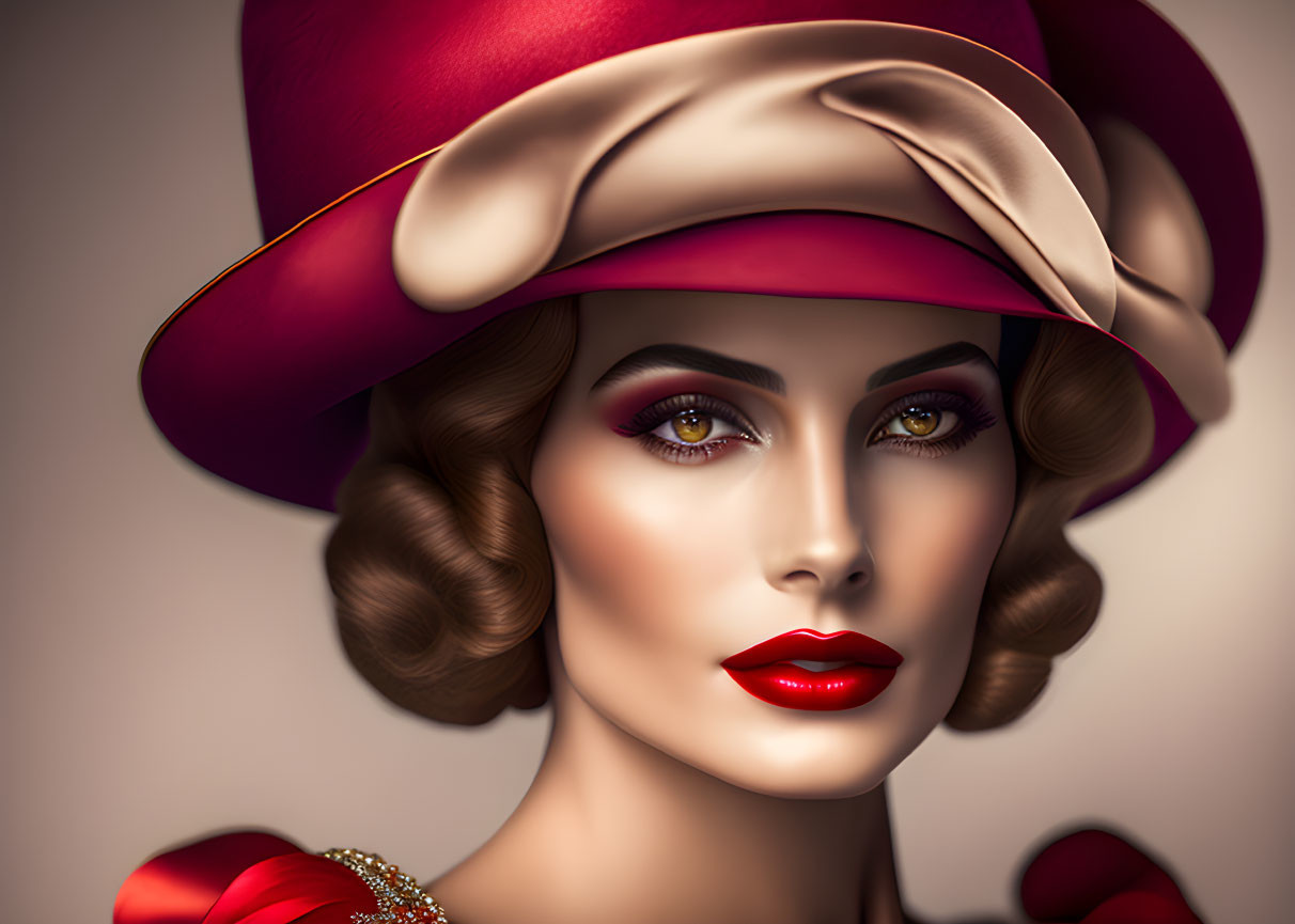 Stylized digital portrait of woman in red hat and lipstick