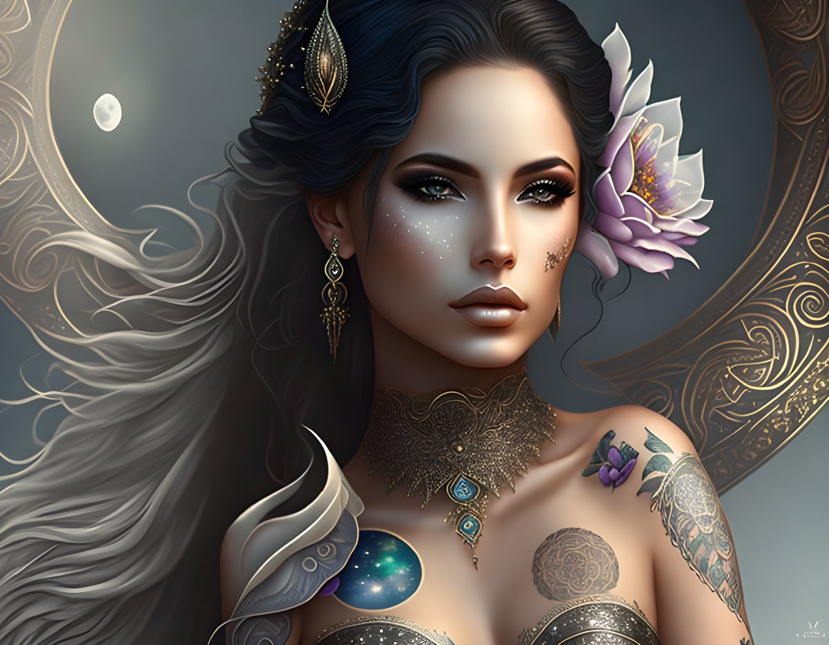 Celestial-themed woman portrait with lotus flower and tattoos in moonlit setting