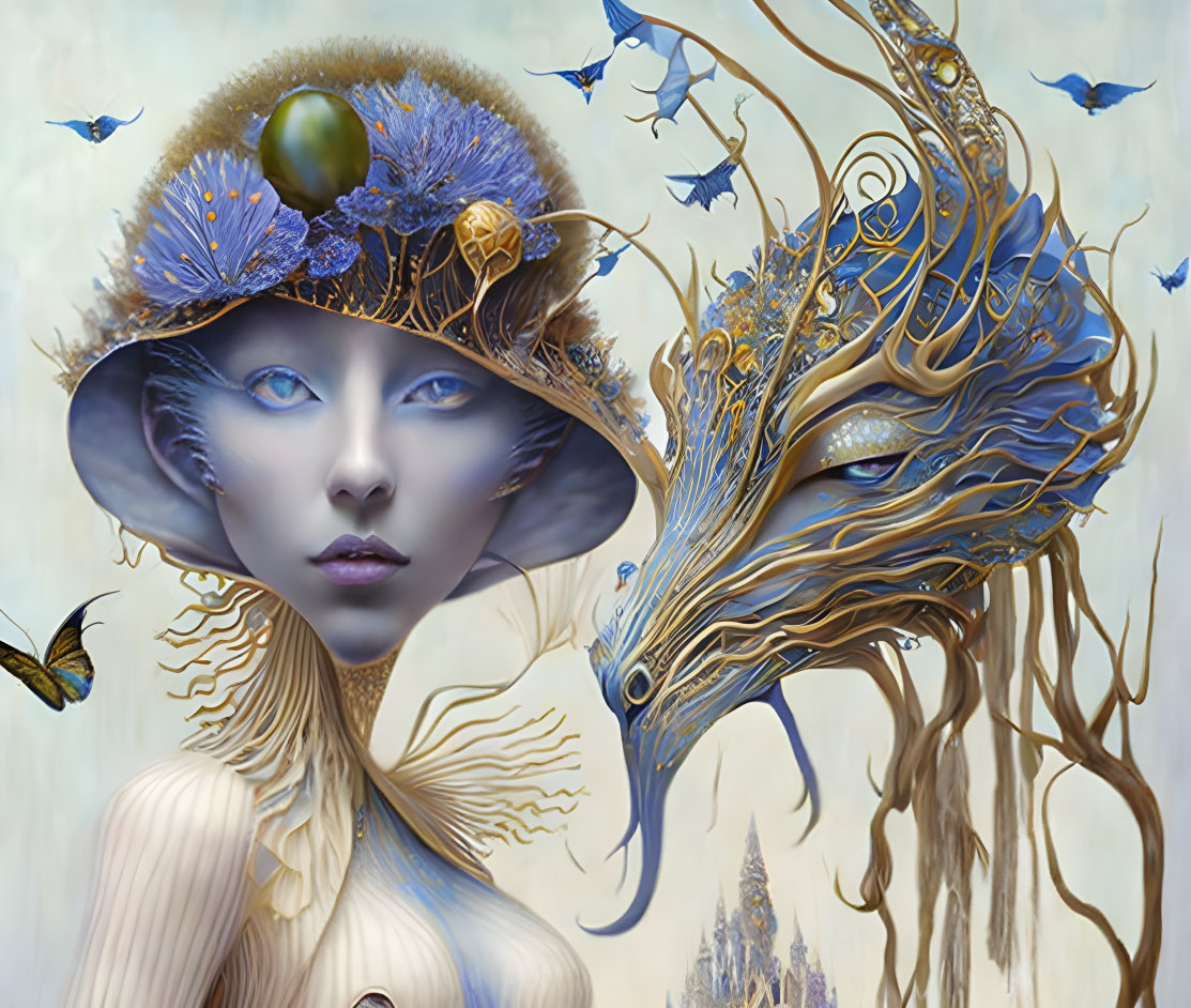 Surreal artwork: Human face with blue hat, tree face with birds