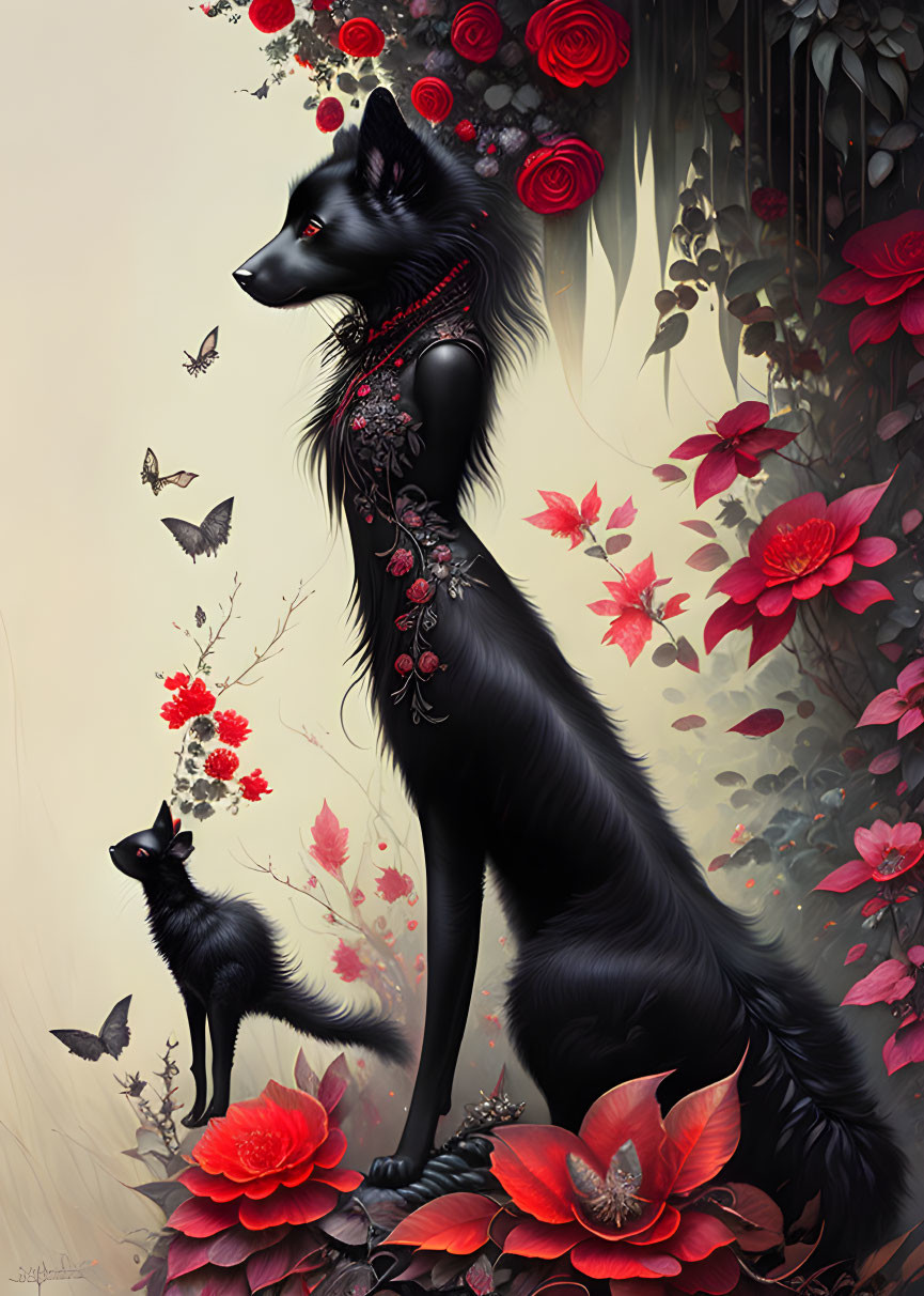 Illustration of majestic black wolves in red flower setting