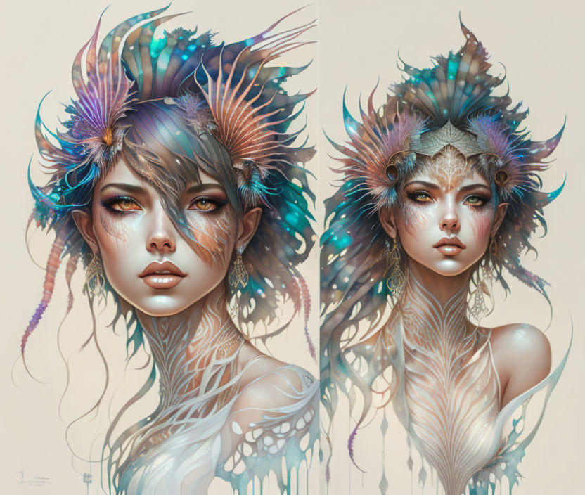 Female figure with feathered headpieces, ethereal makeup, and neck tattoo in two styles