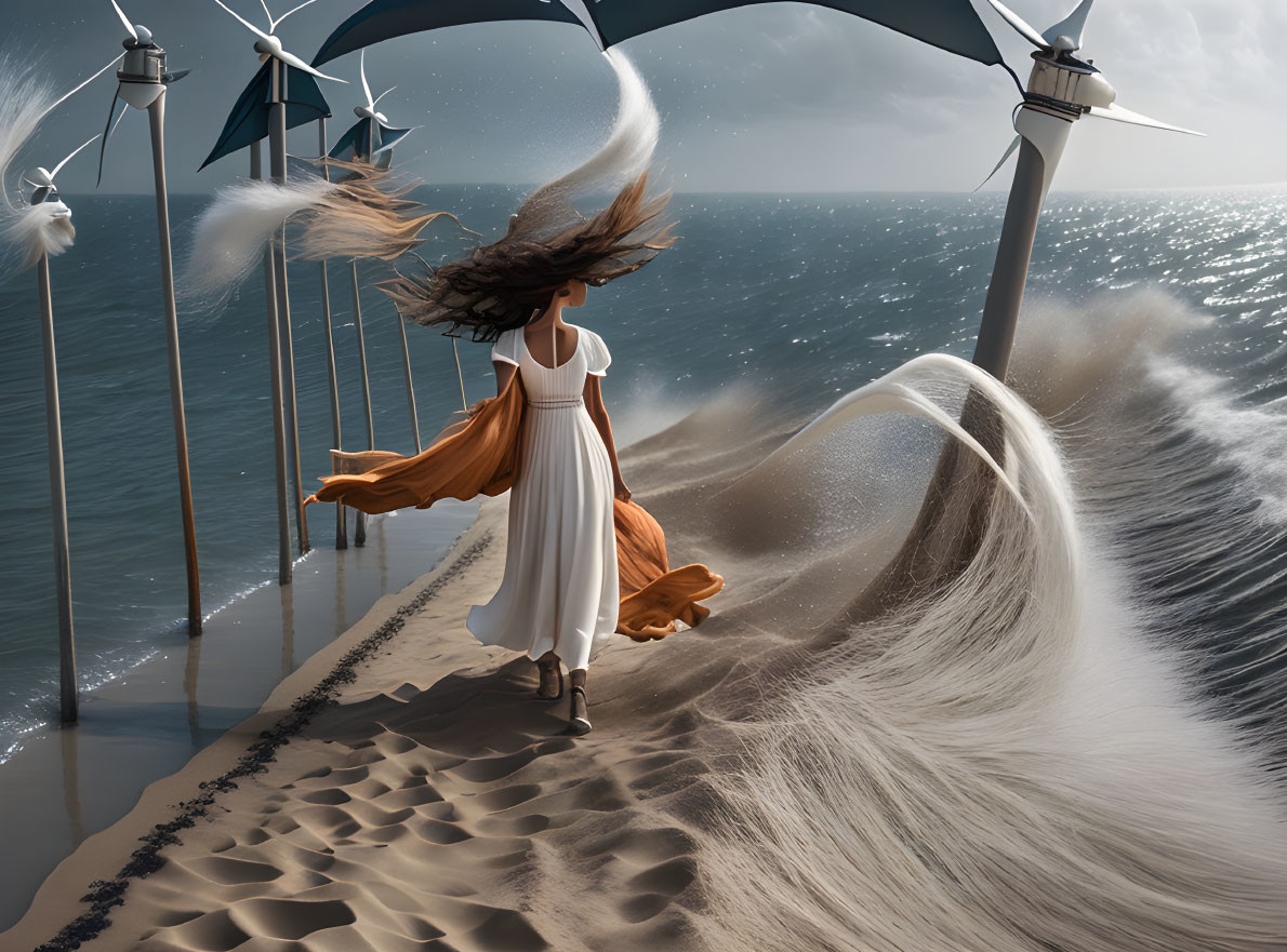 Woman in white dress on sandy shore with wind turbines and crashing waves