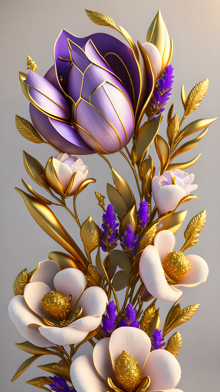 Stylized purple and white flower digital art with gold accents