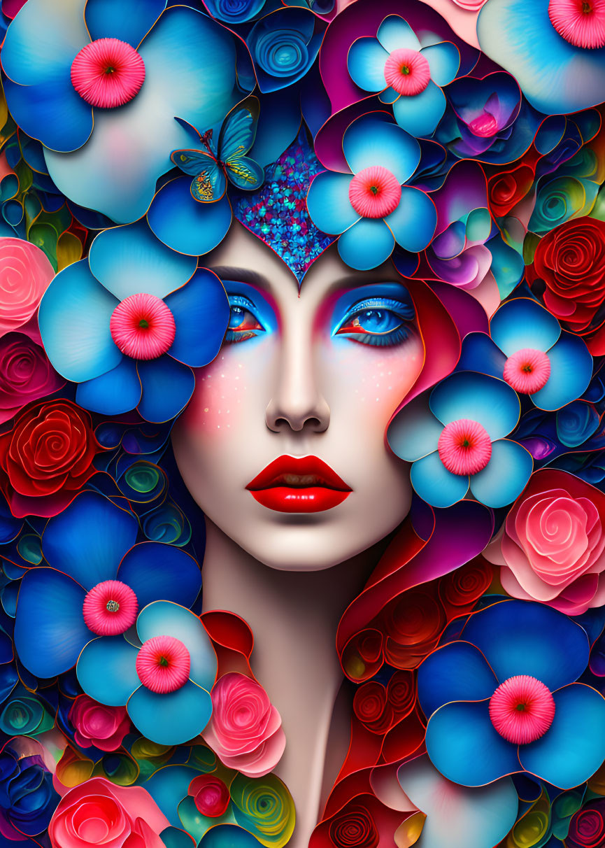 Colorful woman's face with flowers and butterfly illustration.