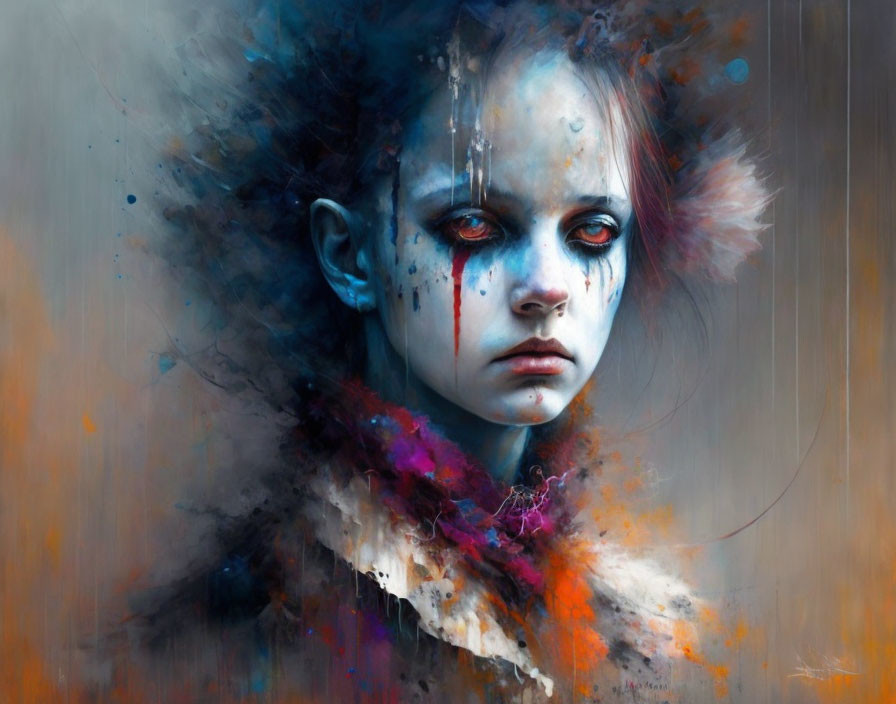 Vibrant surreal portrait of a girl with smudged makeup and red eyes