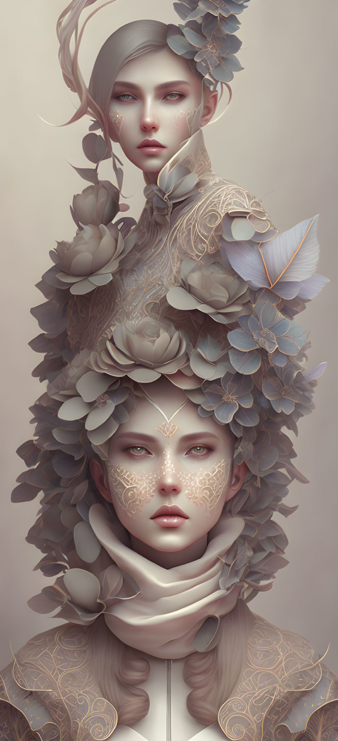 Surreal digital art: pale figure with floral motifs and golden patterns, with a butterfly.