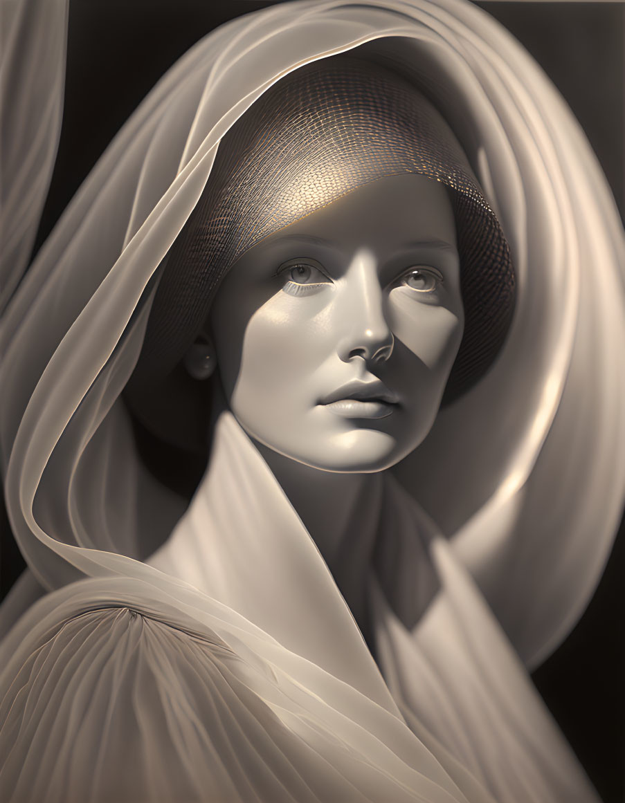 Monochrome female figure with elegant headpiece and draped fabric