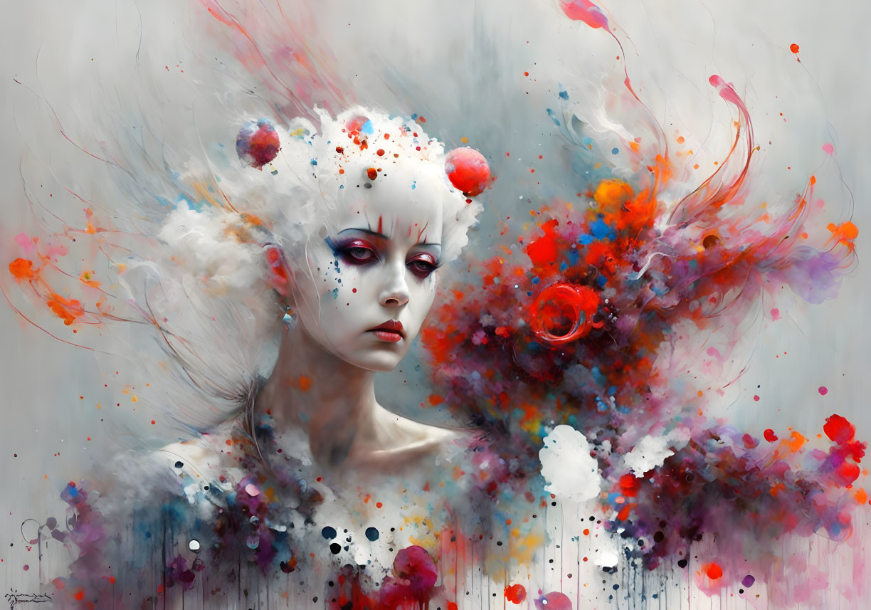 Colorful surreal portrait of a pale woman with elaborate headdress on grey background