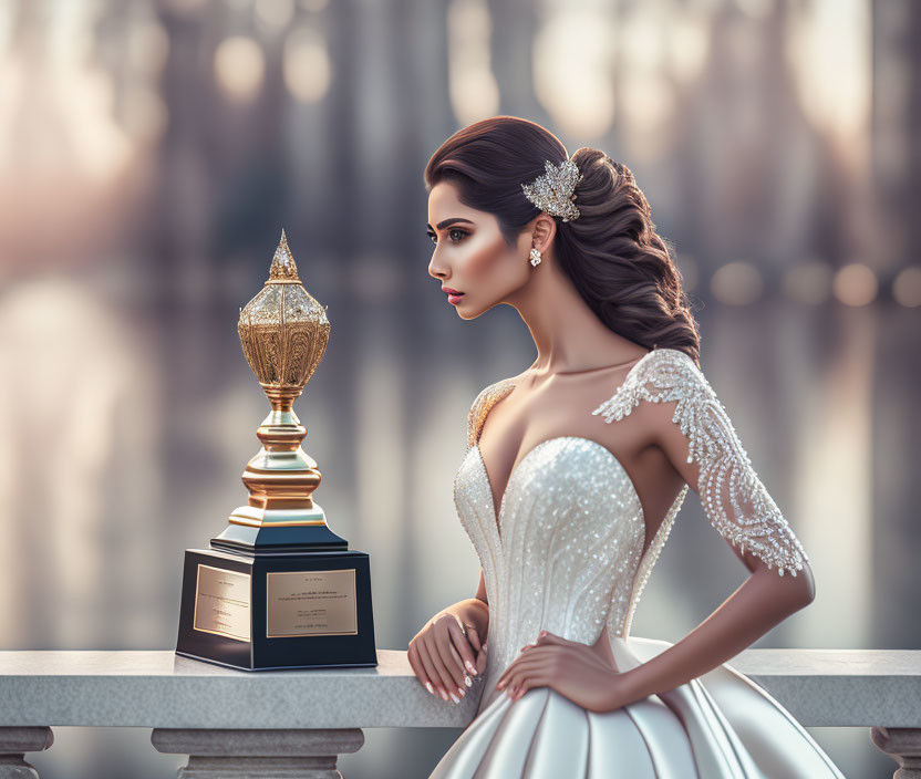 Fashionable woman in white gown with trophy on balcony