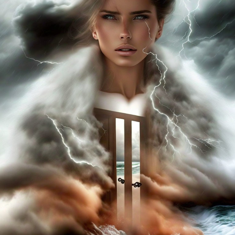 Digital artwork: Woman with intense eyes, storm clouds, lightning, waves, and emerging door