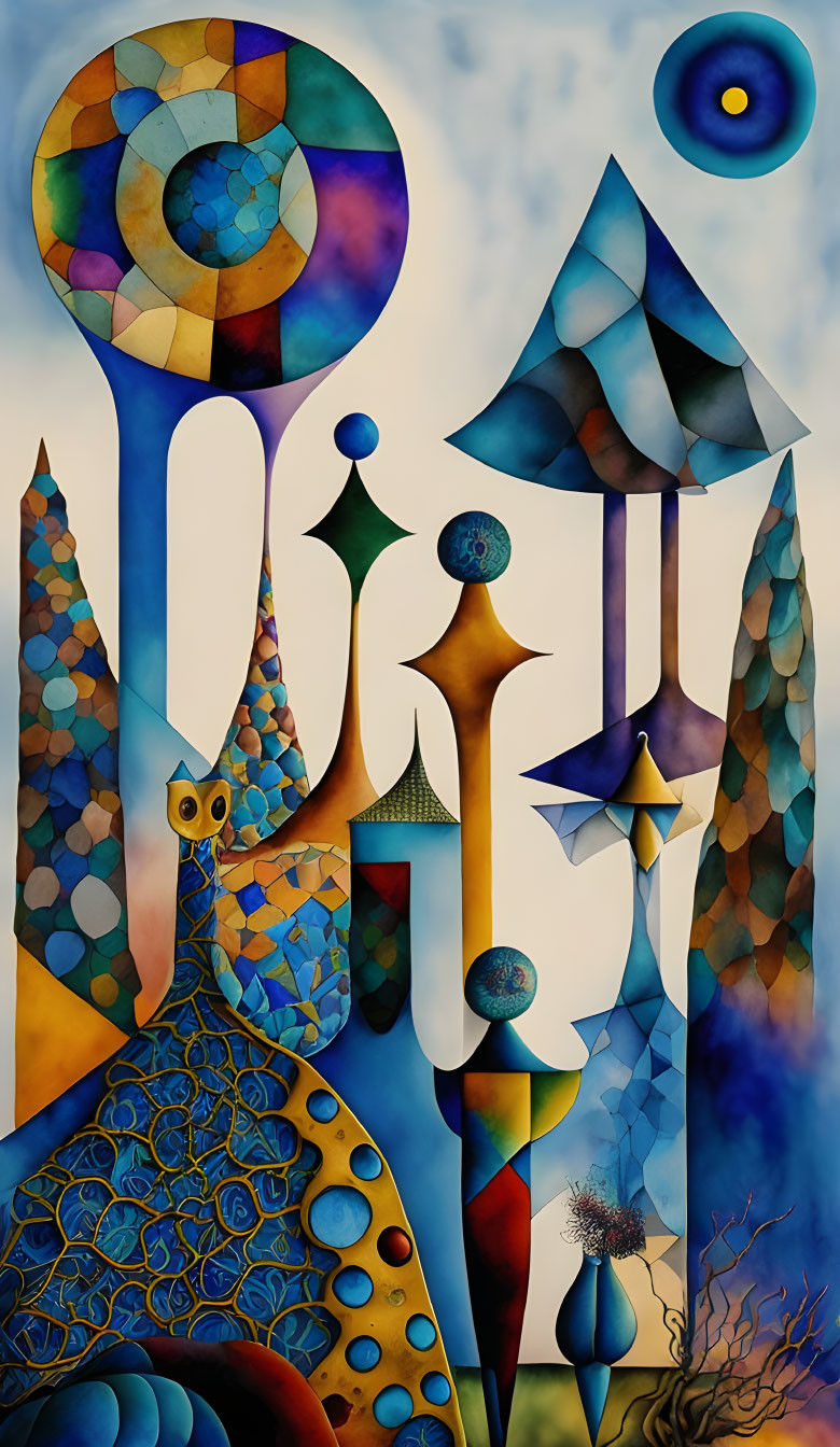 Colorful abstract art: geometric shapes, patterns, whimsical landscape under a blue sky