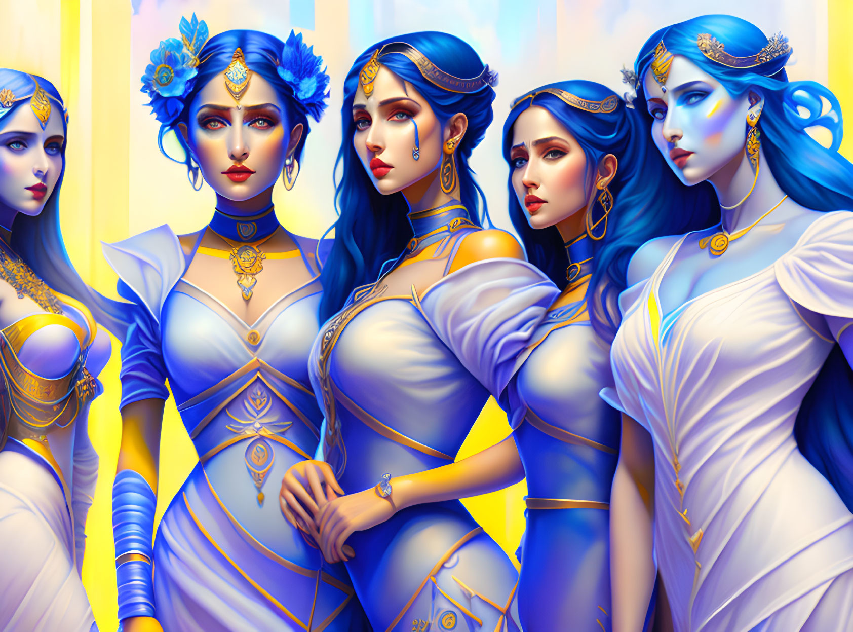 Five stylized female characters in blue and gold attire on yellow backdrop