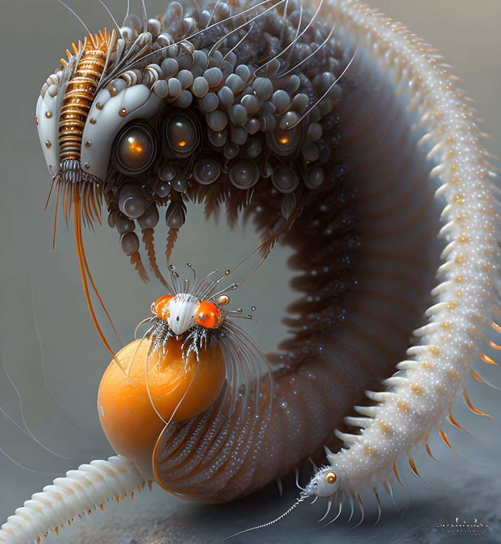 Detailed surreal digital artwork of fantastical creature with multiple eyes and antennae in warm colors.