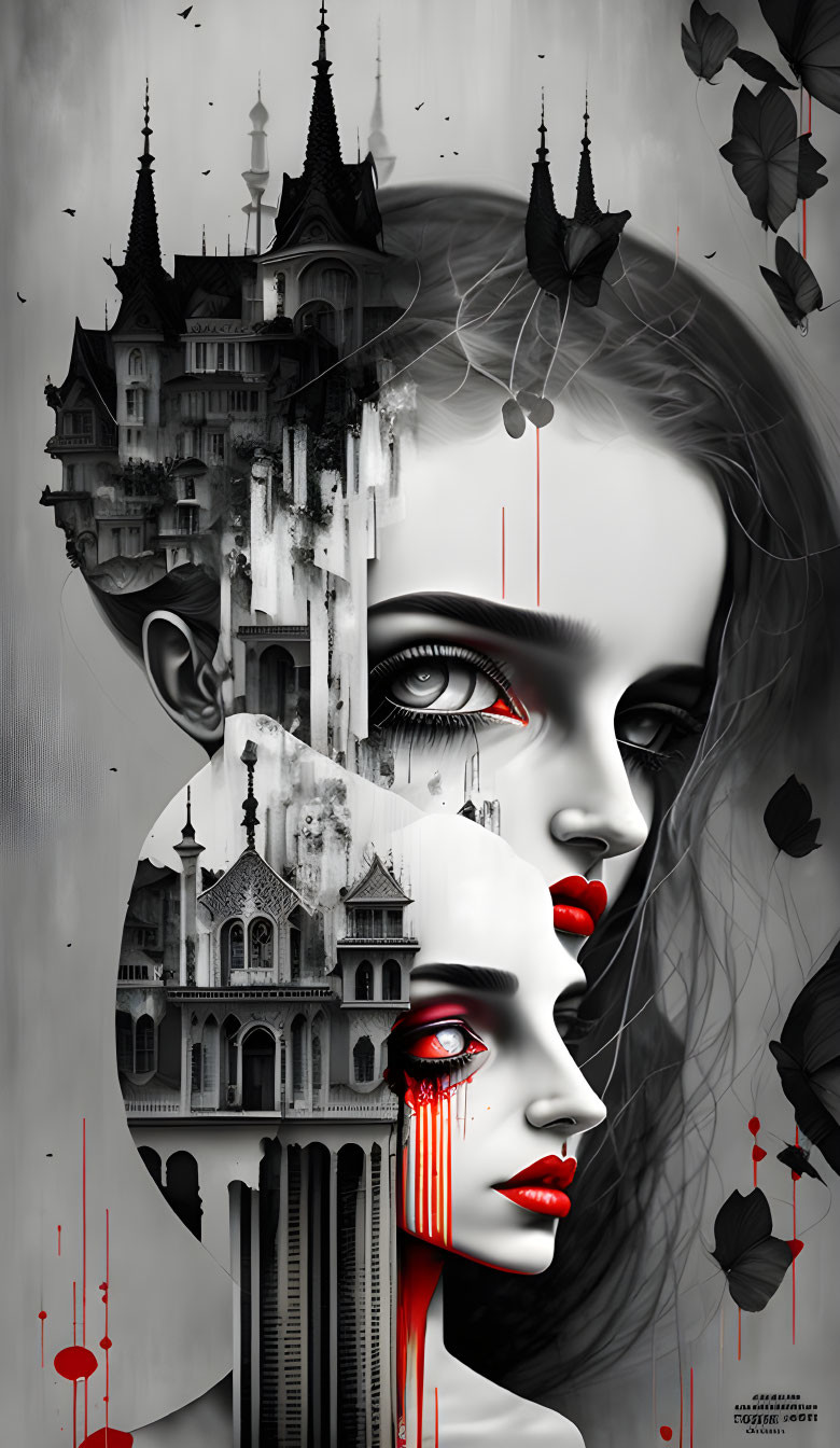 Surreal monochrome artwork: woman's face, Gothic castles, red accents, floating leaves